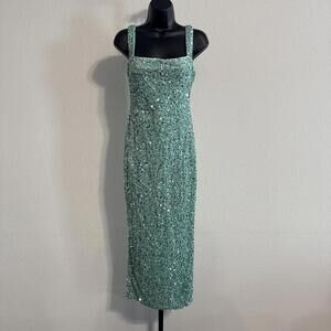 MISS ORD Mint Green Sequin Spaghetti Strap Velvet Shift Dress- SM